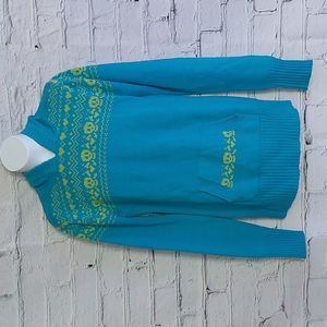 Fair Isle Knit Skull Derek Heart Blue Green Hoodie Sweater L Large Y2K